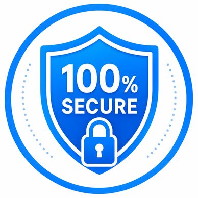 Blue shield with 100% secure text and lock icon.