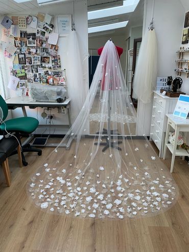 Bespoke 3D Flower Cathedral Length Veil chiffon flowers organza flowers
