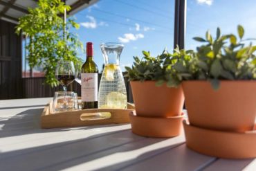 A sunny outdoor table with wine, glasses, lemon water, and potted plants.