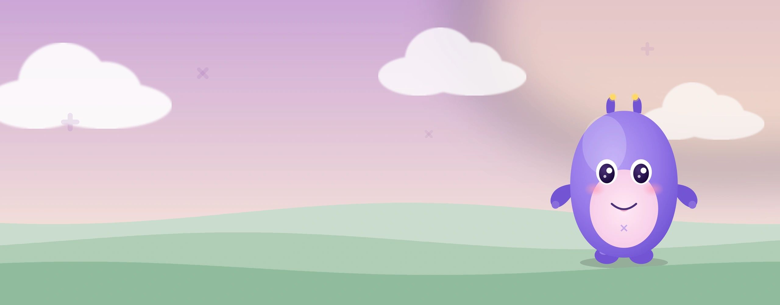 Nubi, a small round purple character with antennae, standing on green hills under a plum sky.