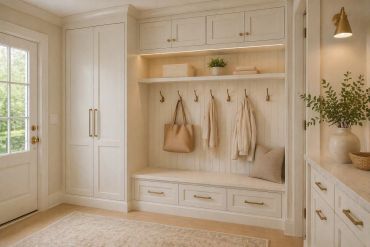 Bright mudroom with storage and hooks.