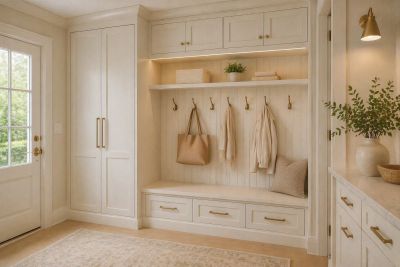 Bright mudroom with storage and hooks.