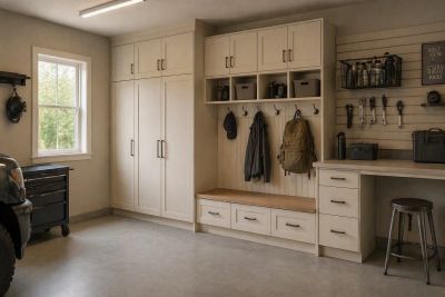 Organized garage with storage and seating area.