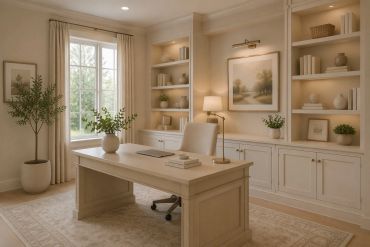 Elegant home office with beige tones and natural light.