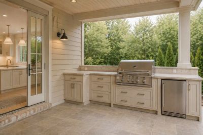 Outdoor kitchen with grill and storage cabinets.