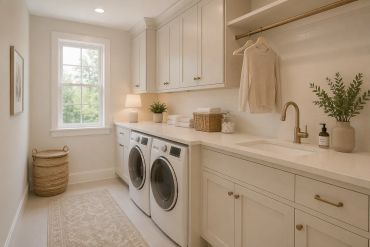 Bright, organized laundry room with washer, dryer, and storage.