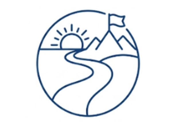 A minimalistic mountain landscape with a sunrise and a flag on the peak.