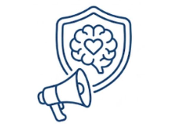 Shield with brain and heart symbol, megaphone in front.