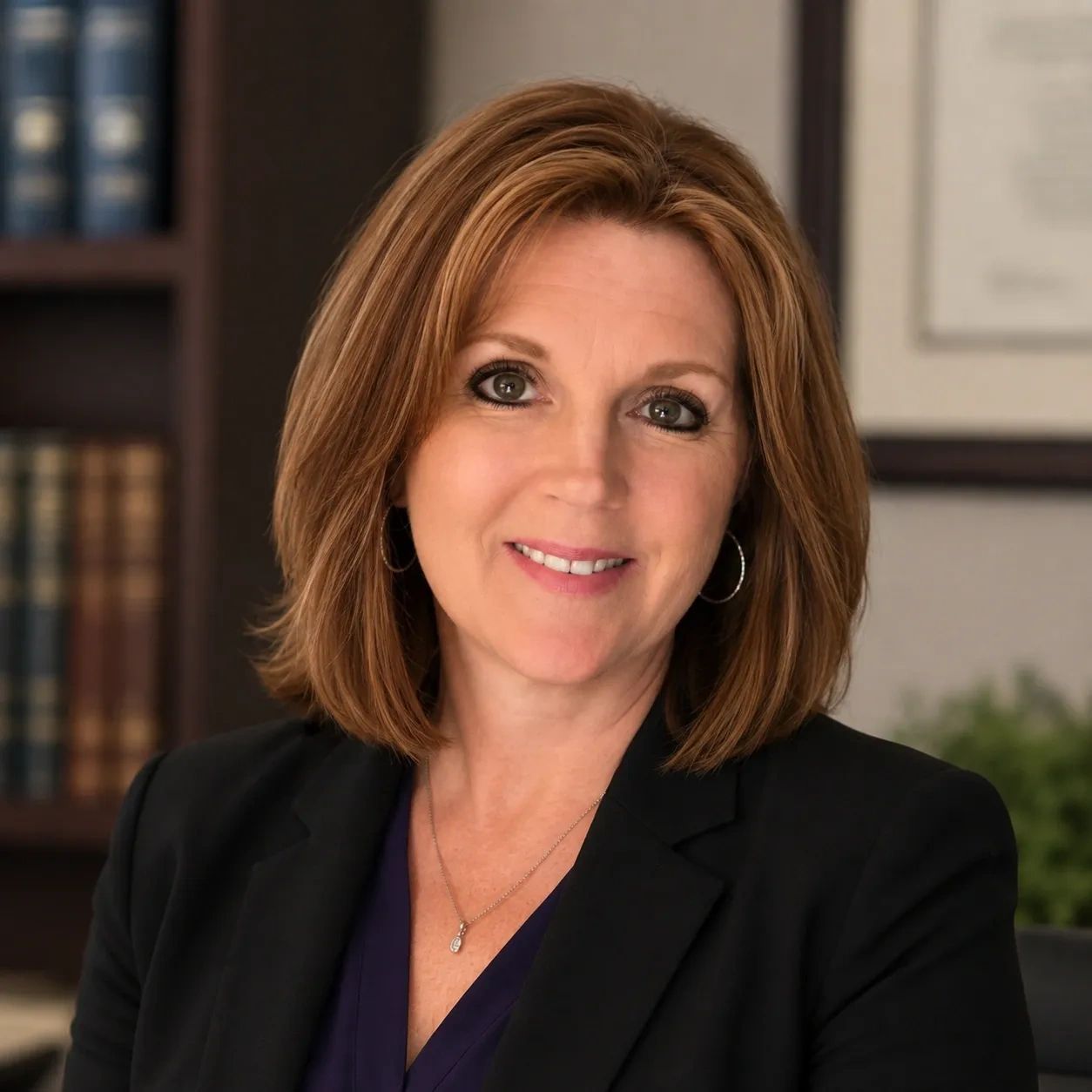 Professional woman smiling in office setting.