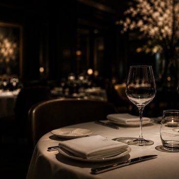 Elegant restaurant table set with wine glass and soft lighting.
