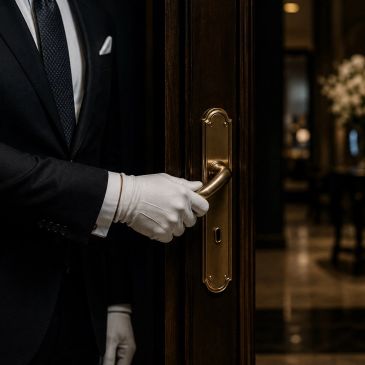 A gloved doorman opening a door in a luxurious setting.