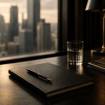 A pen rests on a closed notebook beside a glass of water by a window.