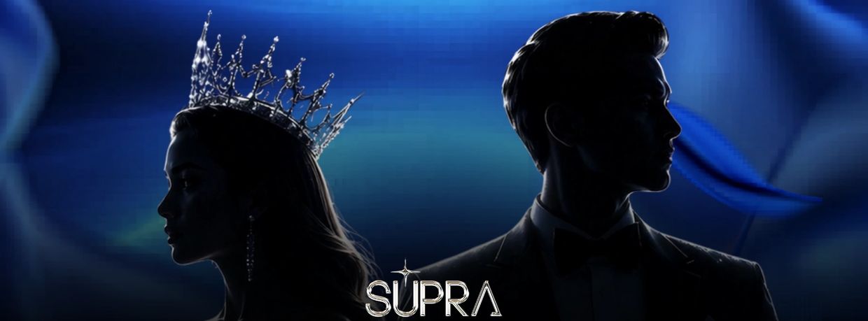 Silhouettes of a crowned woman and a tuxedoed man against a blue background with 'SUPRA' text.