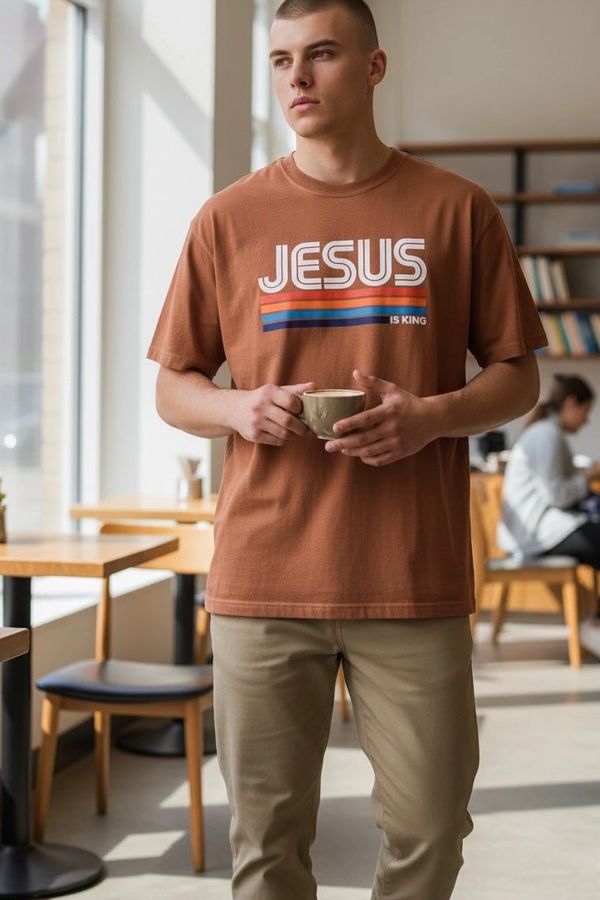 Young man in a Retro style design, Jesus-themed shirt holding a cup in a cozy café.