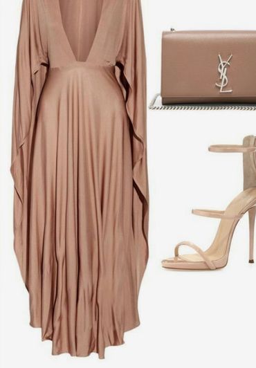 Elegant beige satin dress paired with nude high heels and a stylish YSL clutch.