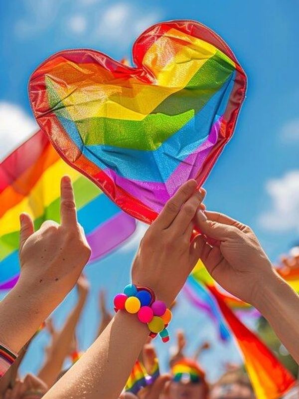 Hands holding a rainbow heart flag at a vibrant pride event.
