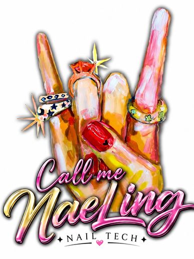 Colorful painted hand with rings and 'Call me NaeLing Nail Tech' text.