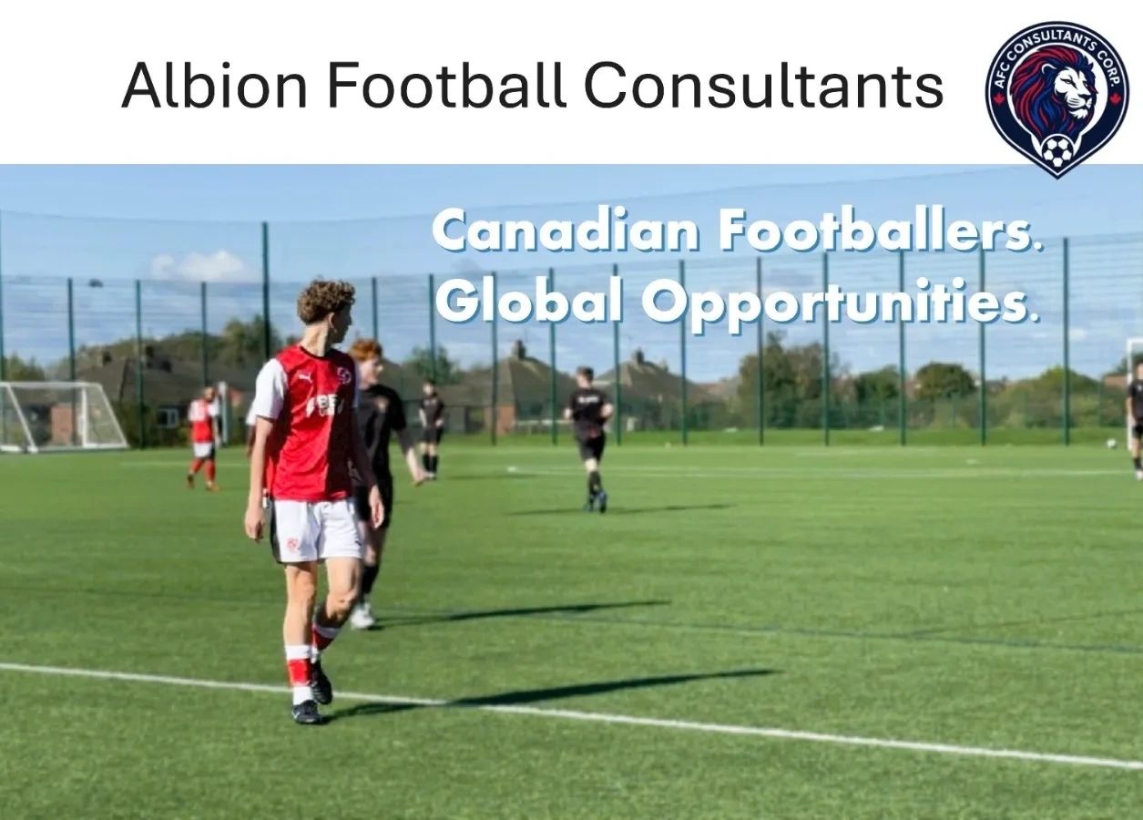 Young footballers playing on a green field with Albion Football Consultants branding.