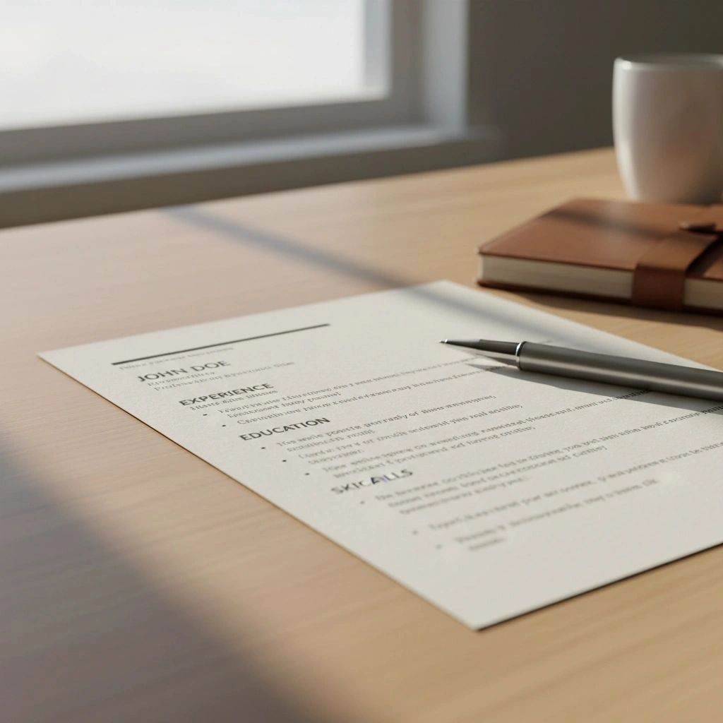 A resume titled 'John Doe' on a desk with a pen.