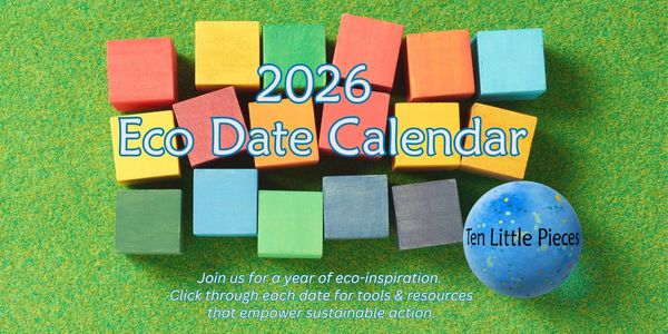 The Ten Little Pieces 2026 Eco Date Calendar Cover bright green grass with 17 coloured wooden blocks