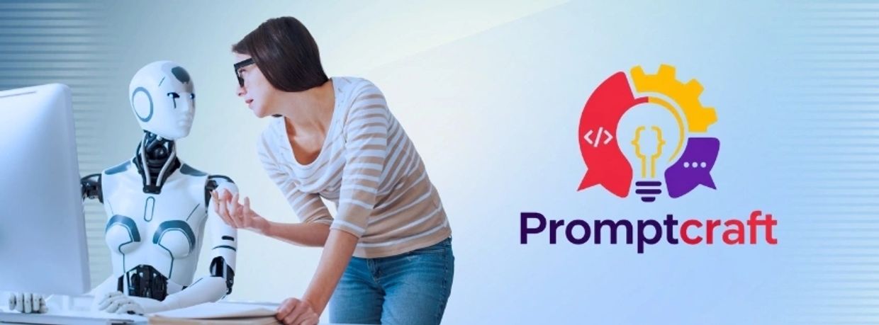 Woman interacting with a robot next to the Promptcraft logo.