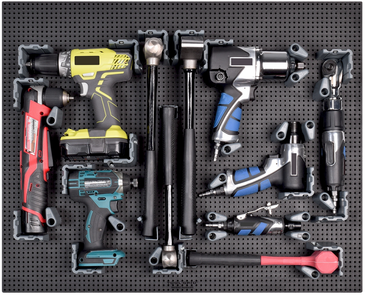 large tool holder parts with large heavy tools on a toolgrid board