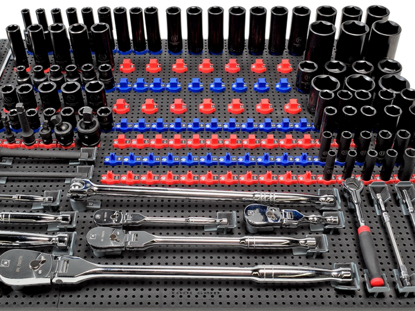 toolgrid set-up with some empty holders some with tools on a toolgrid board