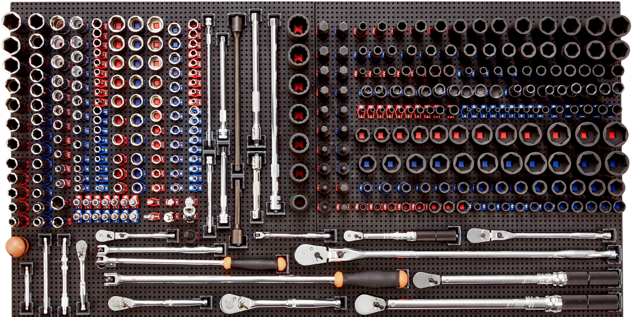 top view of the tool grid system with sockets and ratchets in holders on a tool grid board