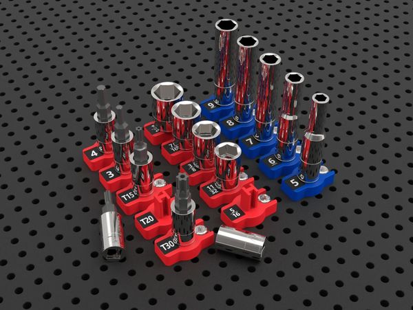 close up of sockets in tool grid holders on a tool grid board