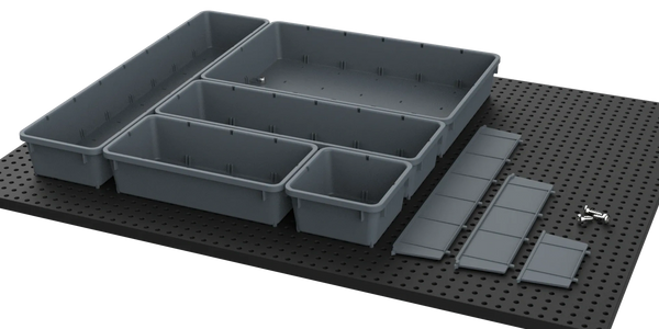 tool grid containers, dividers and screws on a tool grid board