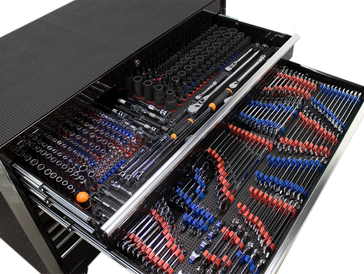 toolbox with drawers open showing toolgrid set-ups inside