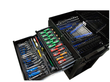 toolbox with drawers open showing toolgrid set-ups inside