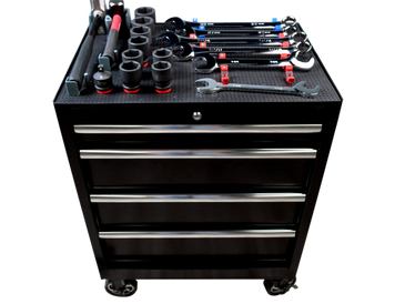 toolbox with a toolgrid set-up on top of the box with tools