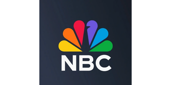 Colorful NBC logo with peacock design on dark background.
