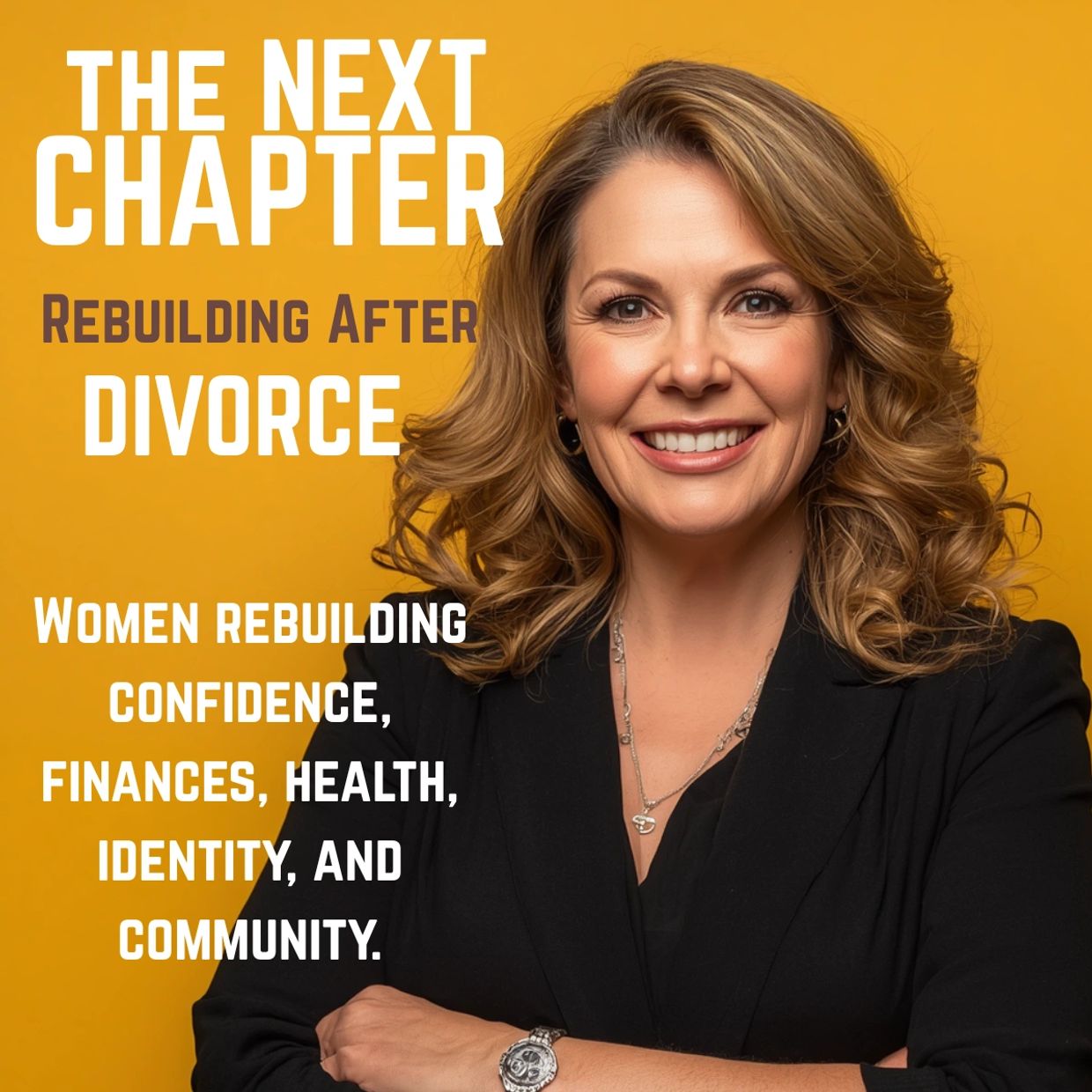 Confident woman smiling with text about rebuilding after divorce.