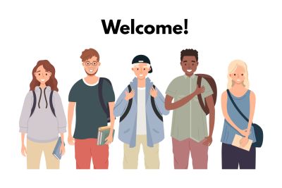 Diverse group of students with 'Welcome!' text above.