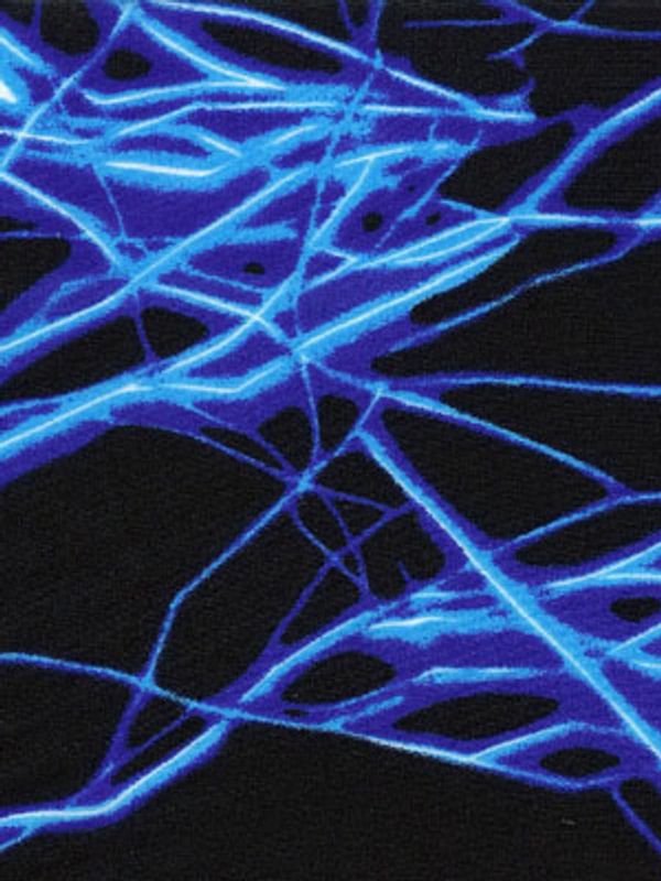 A blue lightning streak print on black fabric.