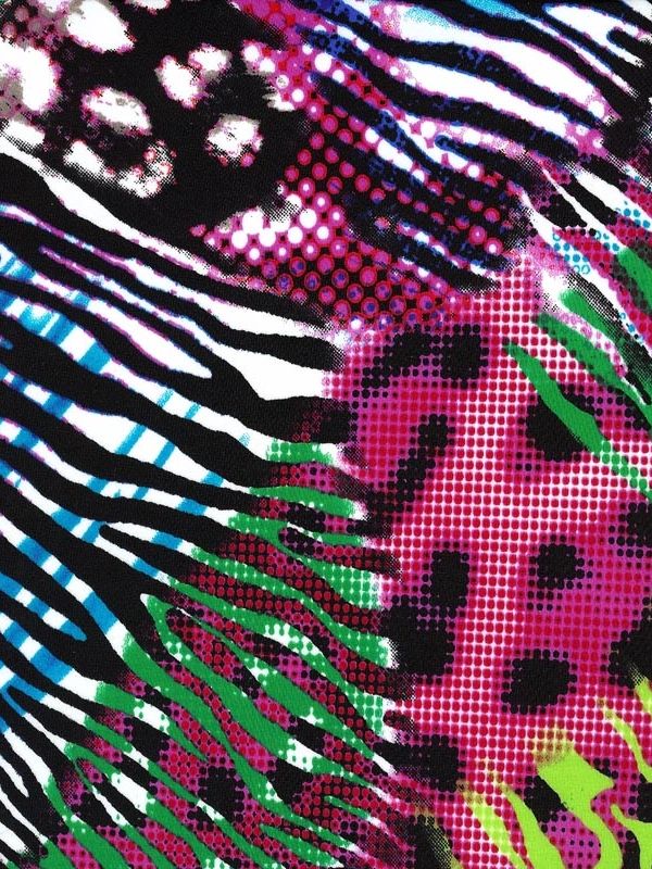 A multi-color wild animal print on black fabric.