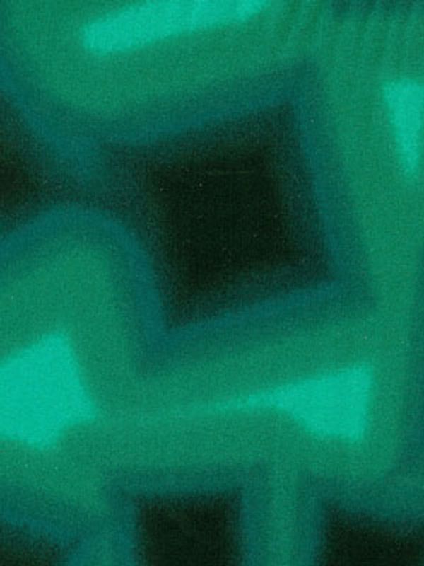 Green and black distorted squares print fabric swatch.