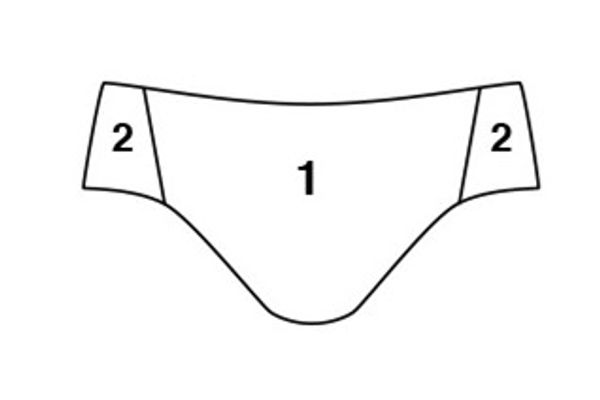 A color block pattern for a male swimsuit with 2 symmetrical side panels.
