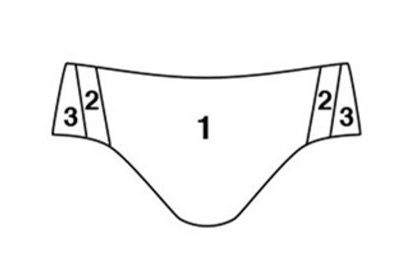 A male swimsuit color block pattern with symmetrical side panels and stripes on each side.