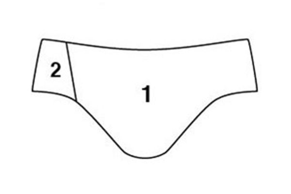 A male swimsuit color block pattern with side panel on one side.