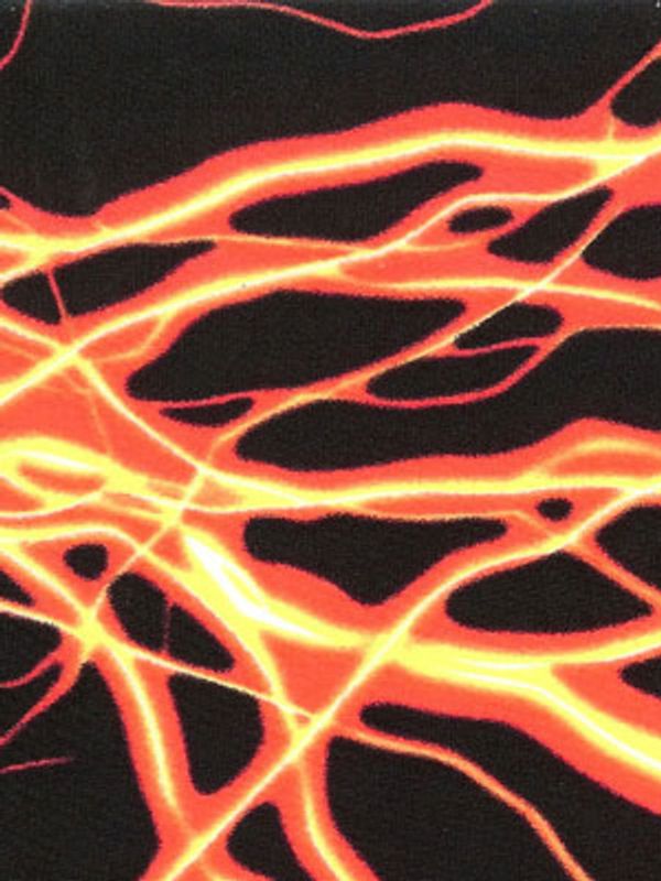 A yellow and orange lightning streak print on black fabric.