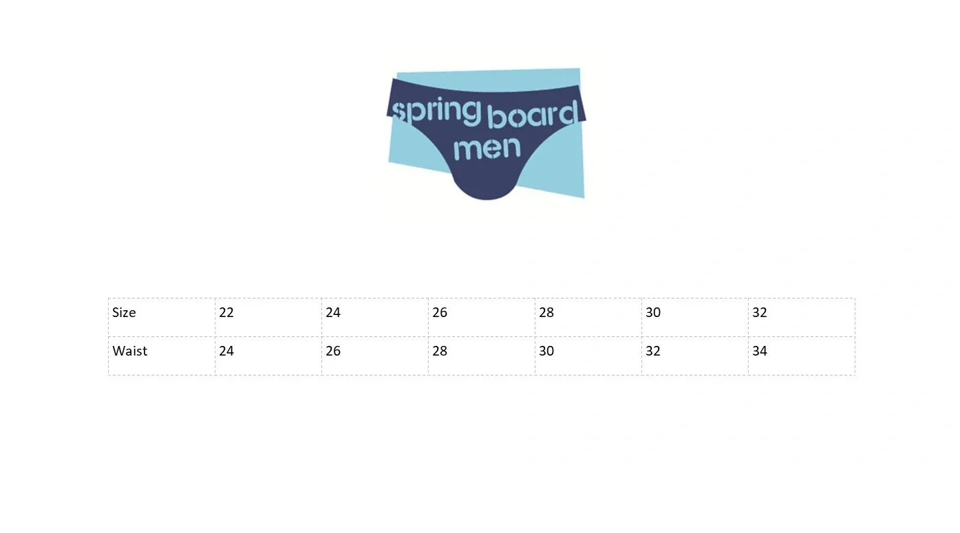 A swimsuit logo and a size chart.
