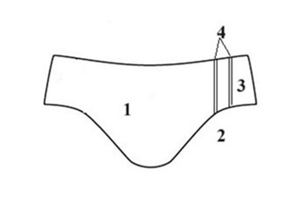 A male swimsuit color block pattern that has two piping stripes on one side.