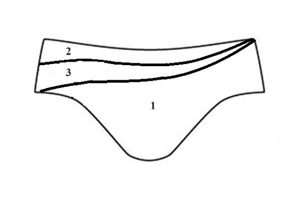 The back of a male swimsuit color block pattern. Two splices wrap around from the front.