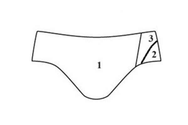 A male swimsuit color block pattern that has a spliced side panel on one side.