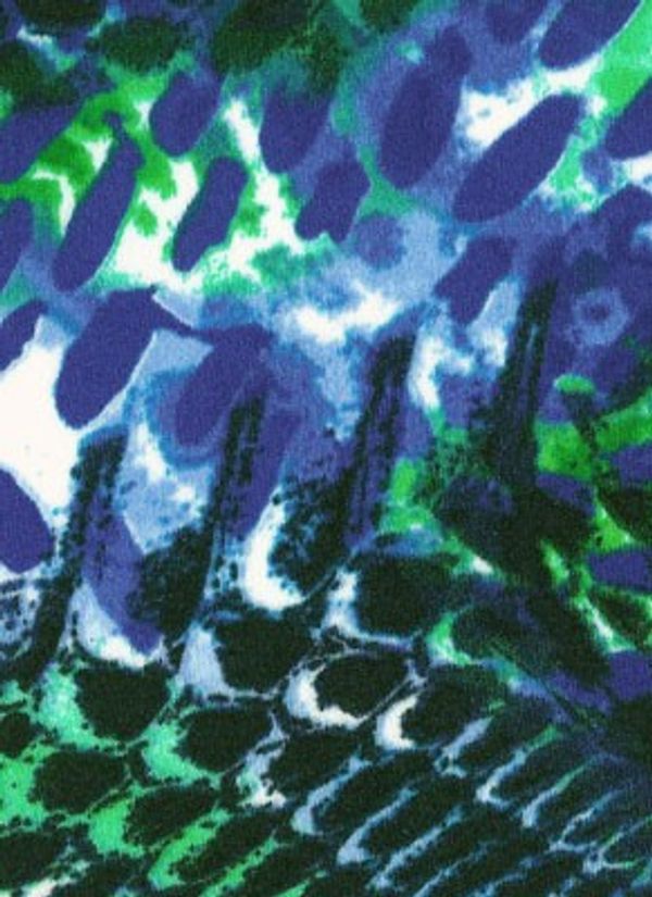 A green and blue print fabric swatch.