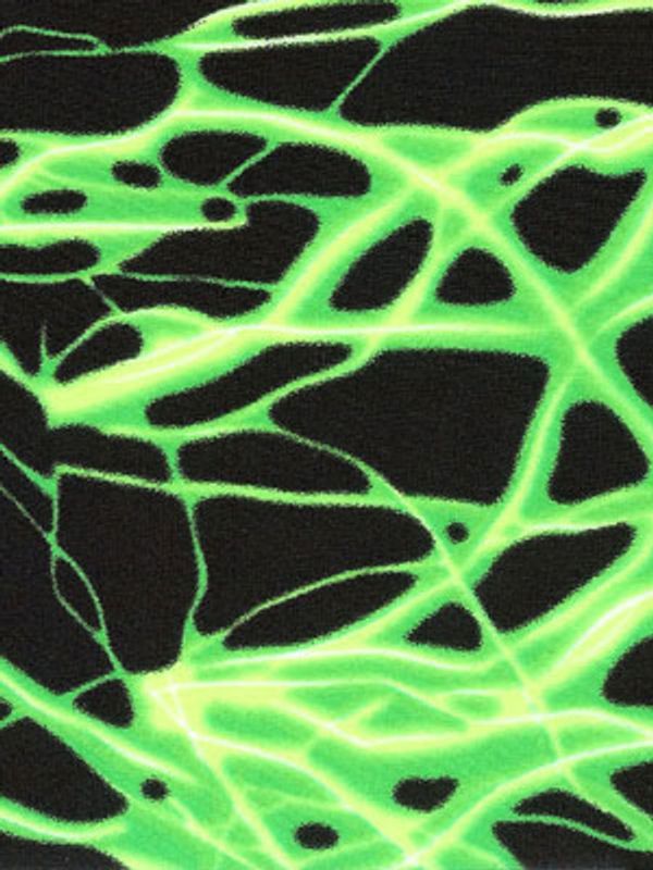 A green lightning streak print on black fabric.