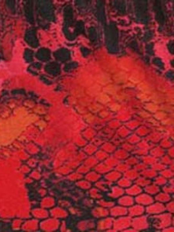 A red and black snake skin print fabric swatch.